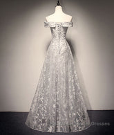 Gray tulle lace long Semi Formal Prom Dresses, lace tulle bridesmaid Dresses